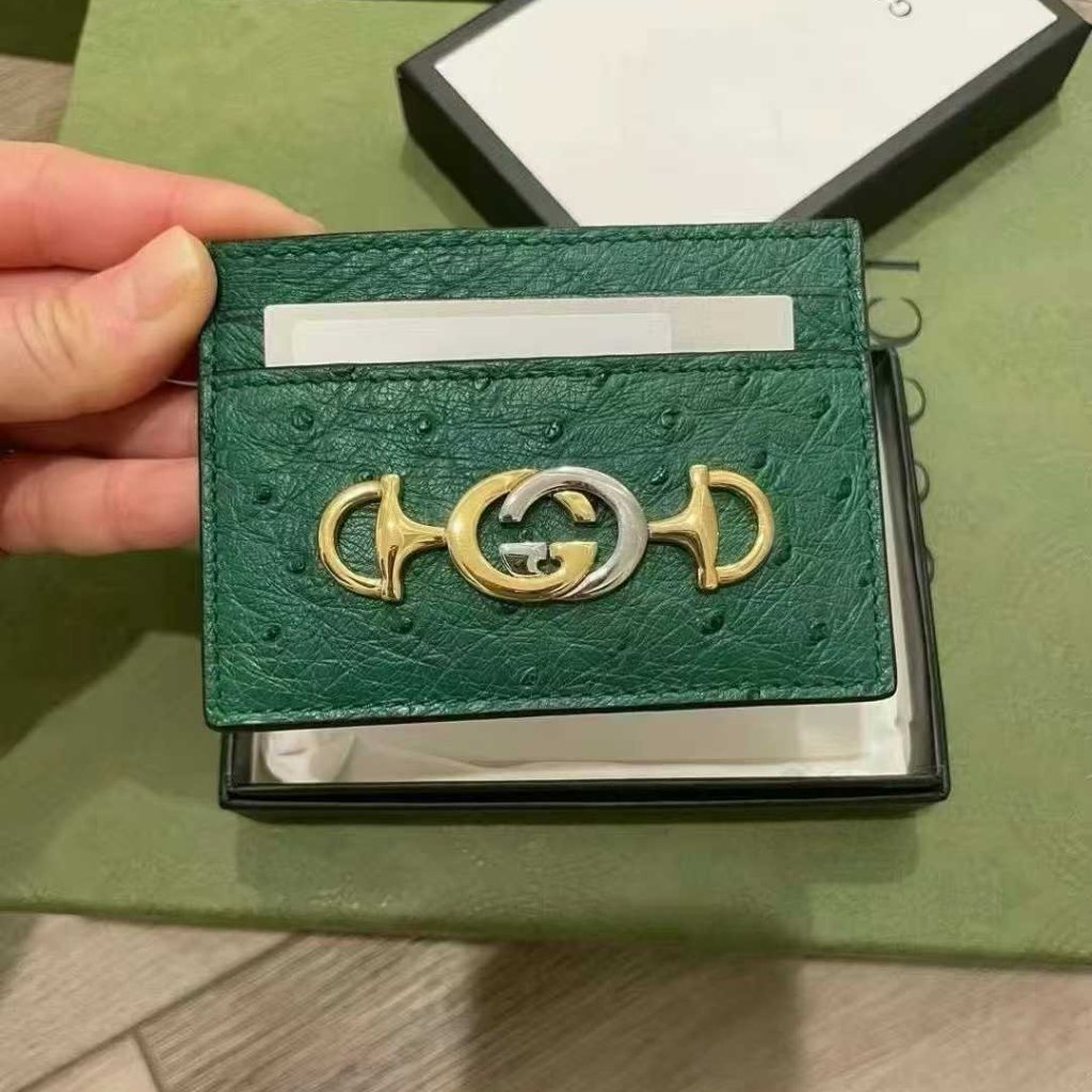 Nib Authentic Gucci Green Ostrich Zumi Card Case Wallet